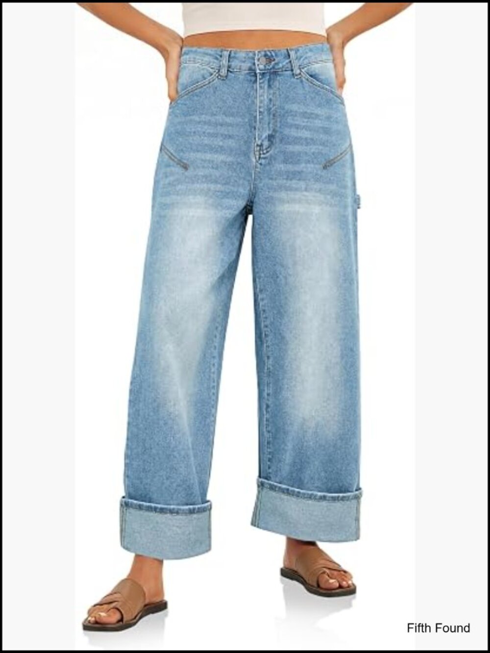 Womens Wide Leg Jeans Baggy Boyfriend High Waisted Cuffed Denim Pants with